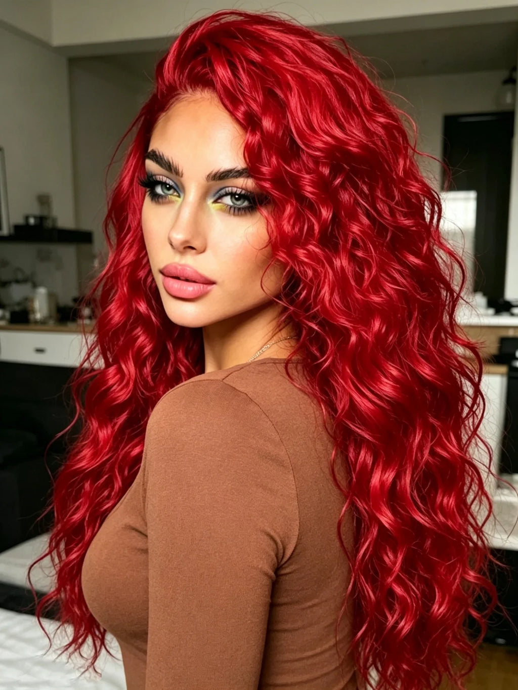 Red Deep Wave Lace Front Wigs Human Hair 13x4 HD Full Lace Frontal Wigs Pre Plucked Bleached Knots 200% Density Deep Curly Human Hair Wig For Daily Holiday Travel Wear Beginner Friendly Soft and Health For Cosplay Party Gifts