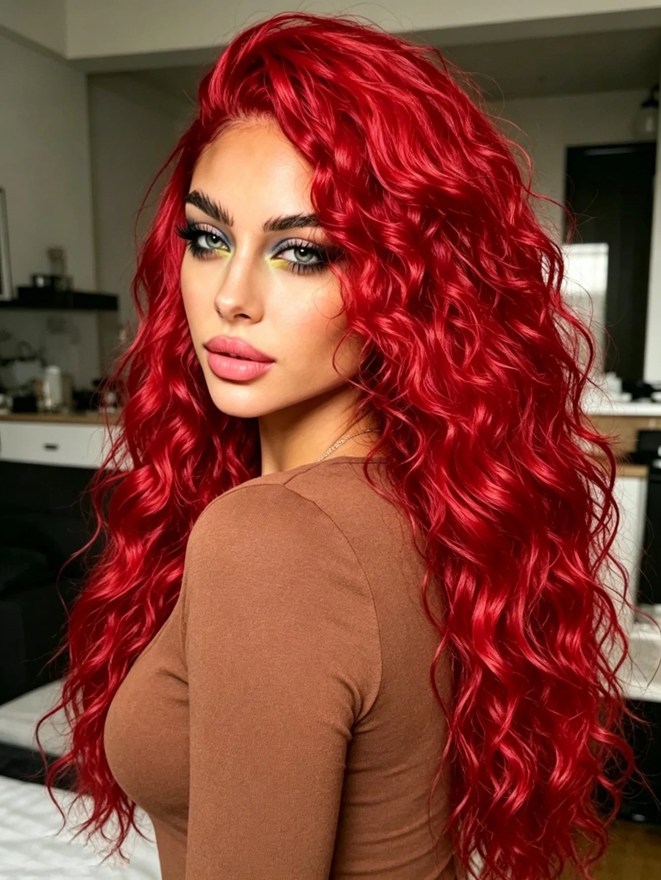 Red Deep Wave Lace Front Wigs Human Hair 13x4 HD Full Lace Frontal Wigs Pre Plucked Bleached Knots 200% Density Deep Curly Human Hair Wig For Daily Holiday Travel Wear Beginner Friendly Soft and Health For Cosplay Party Gifts