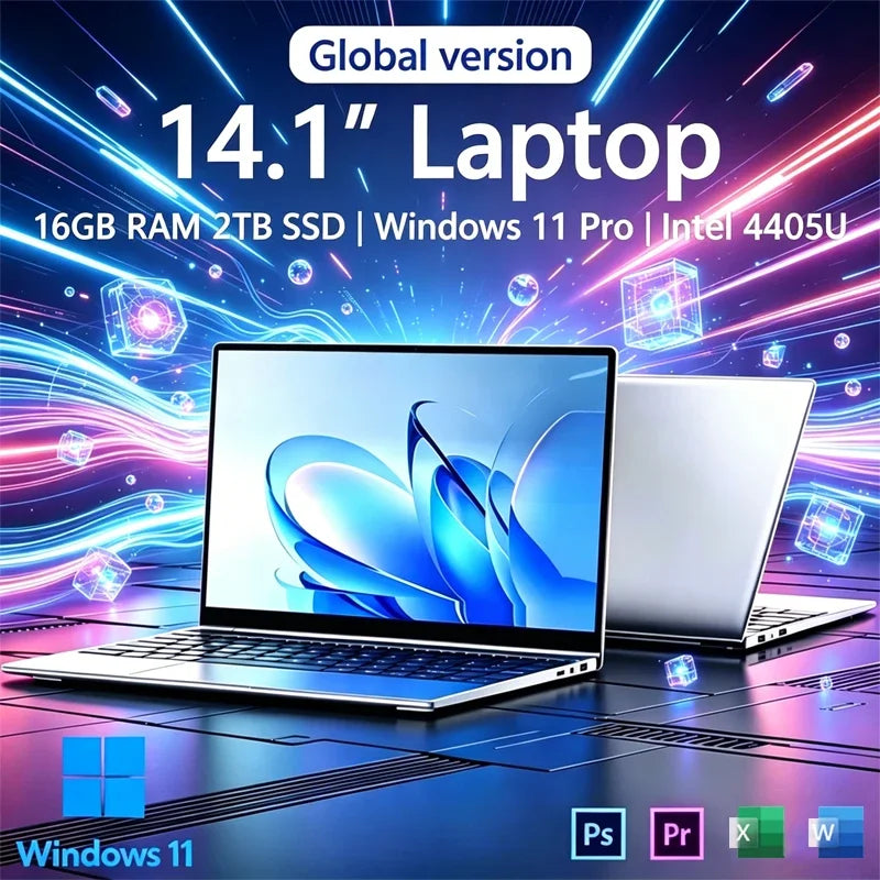 14.1" Ultra Slim Laptop Intel 4405U Win11 Pro 16GB RAM 2TB SSD 1080P Gaming Office Notebook