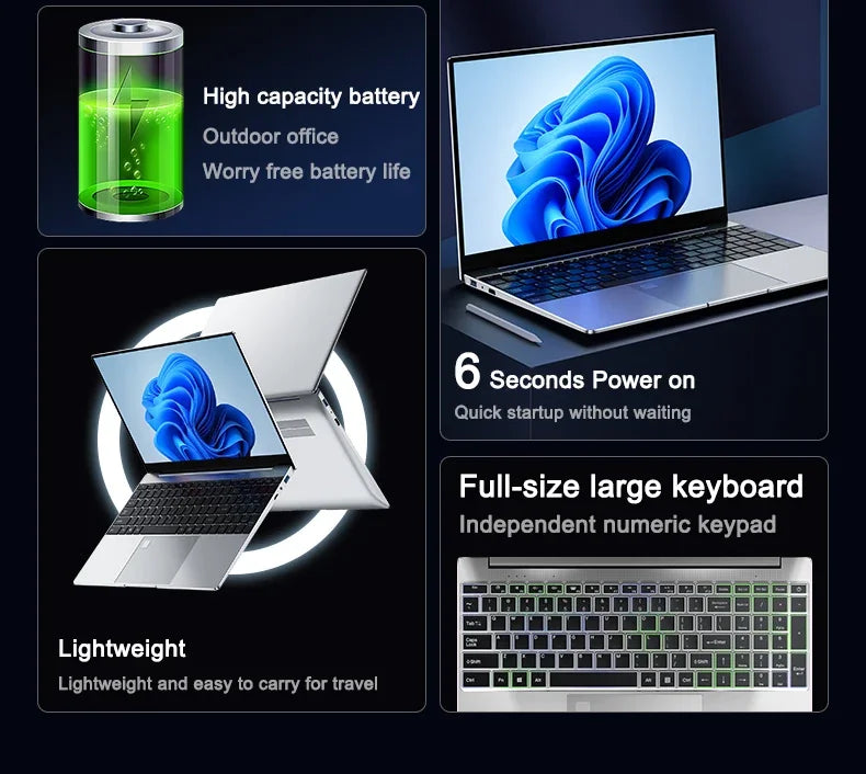 Portable Business Entertainment Laptop N95 Processor 120Hz IPS Full Screen 32GB+2TB SSD 7500mAh Long Standby Fingerprint PC