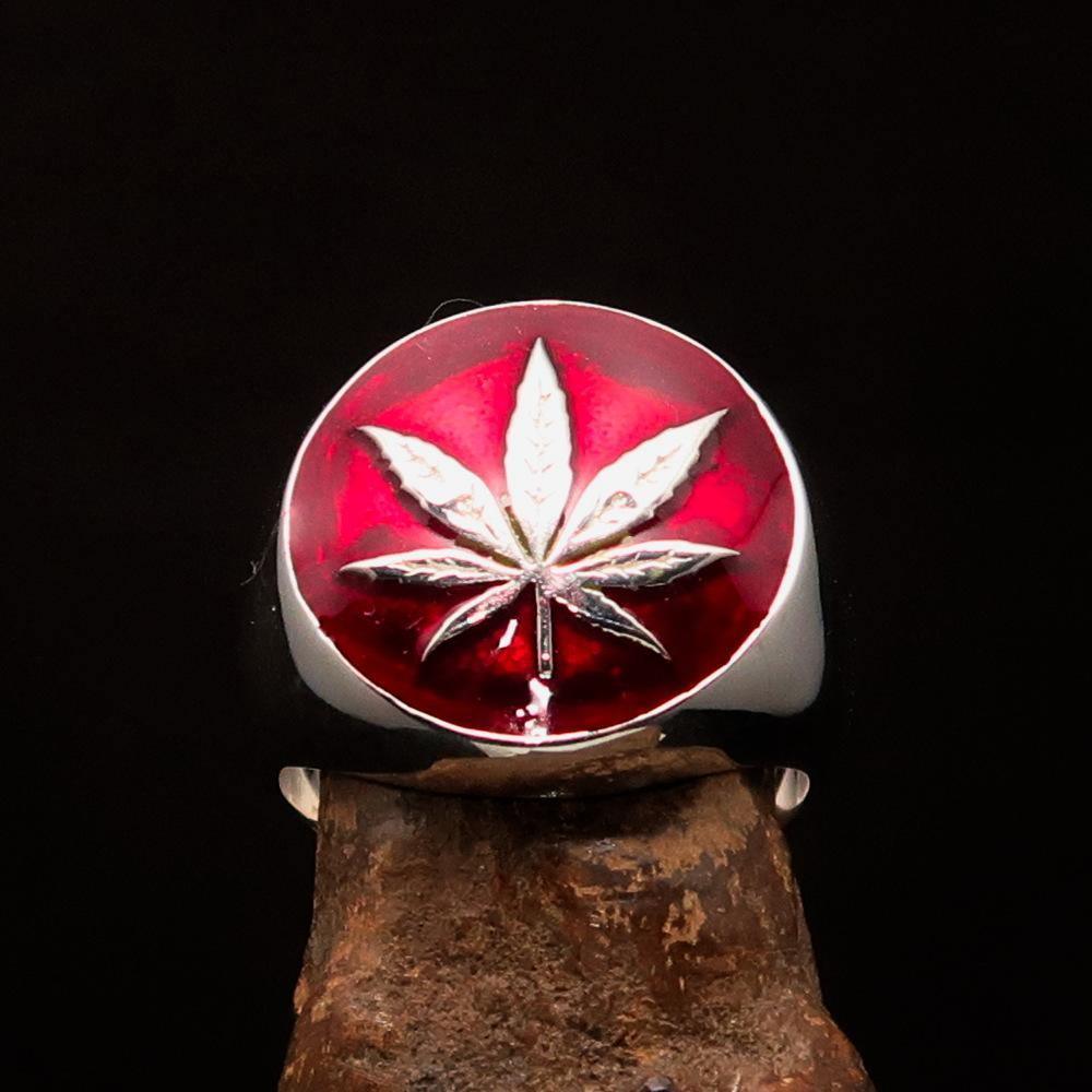Sterling Silver Men's Ring Marihuana Cannabis Leaf in Red