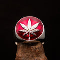 Sterling Silver Men's Ring Marihuana Cannabis Leaf in Red