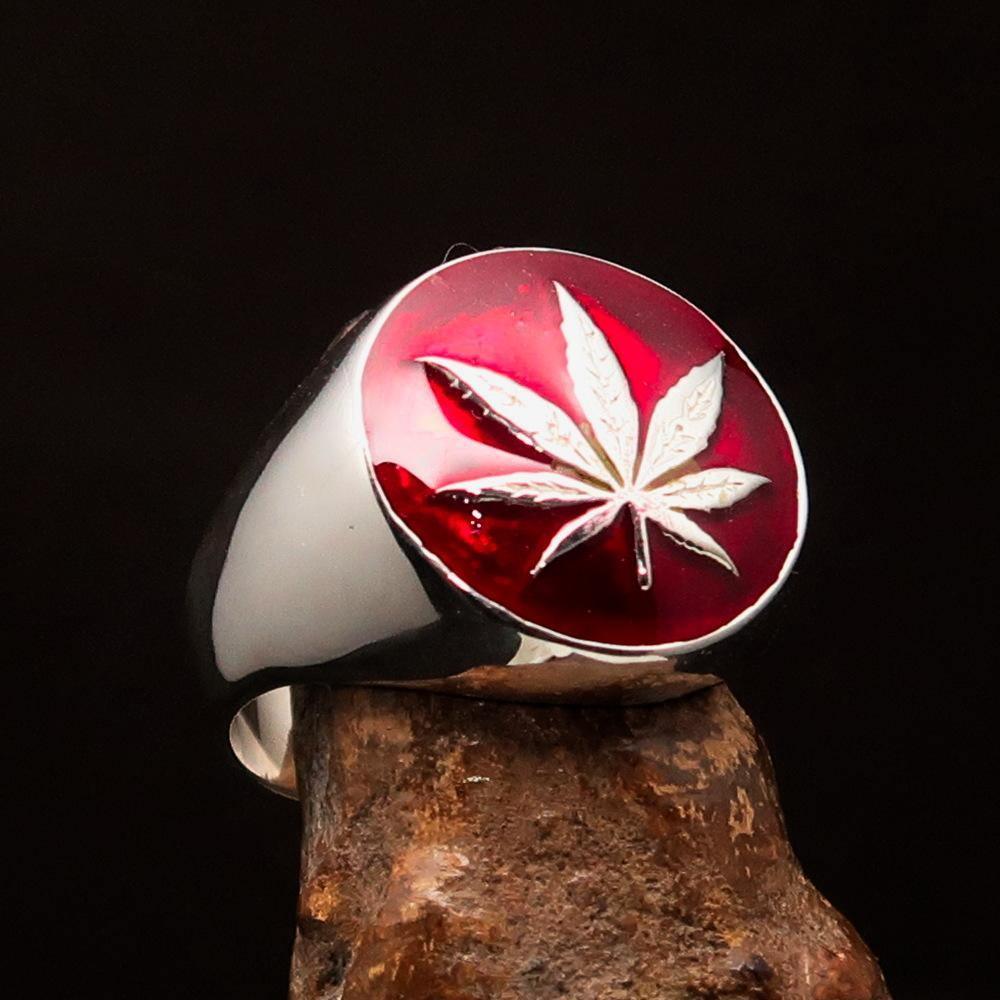 Sterling Silver Men's Ring Marihuana Cannabis Leaf in Red