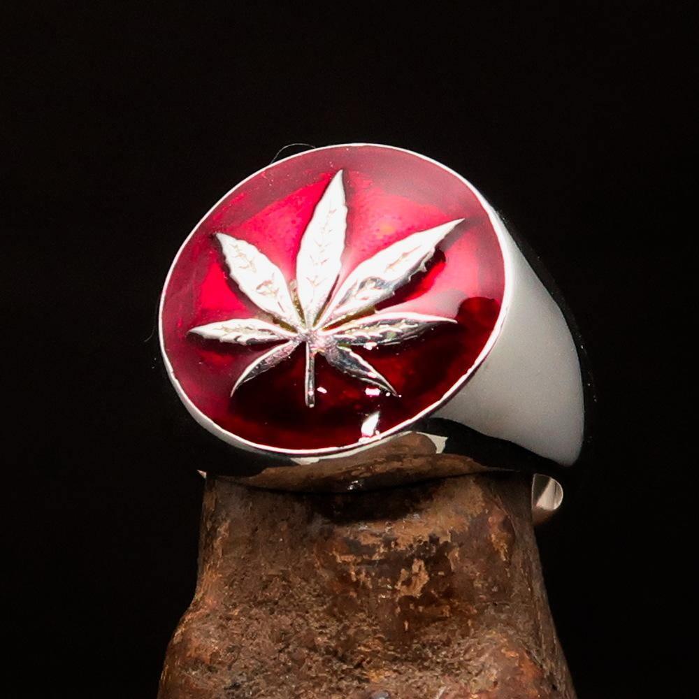 Sterling Silver Men's Ring Marihuana Cannabis Leaf in Red