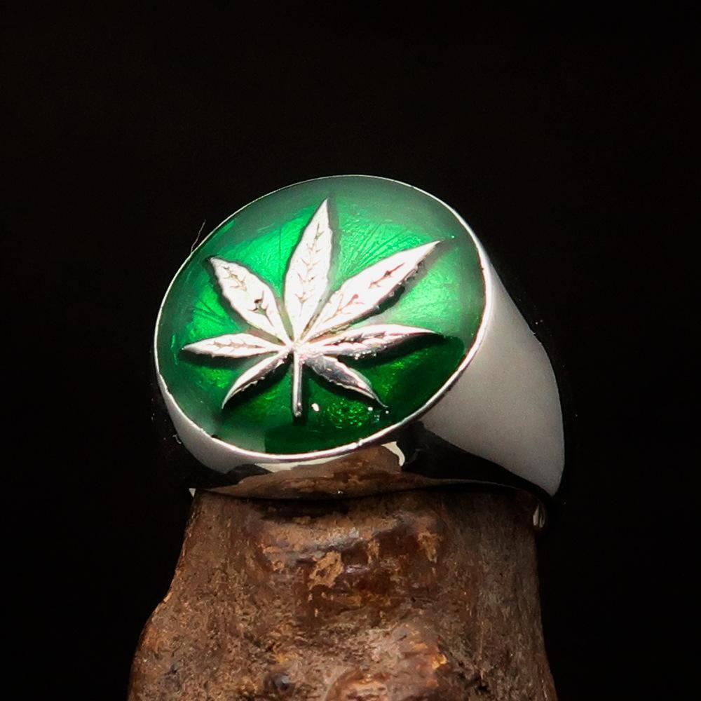 Sterling Silver Men's Ring Marihuana Cannabis Leaf dark Green