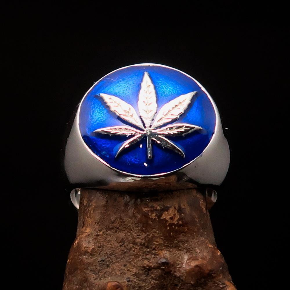 Sterling Silver Men's Ring blue Marihuana Cannabis Leaf