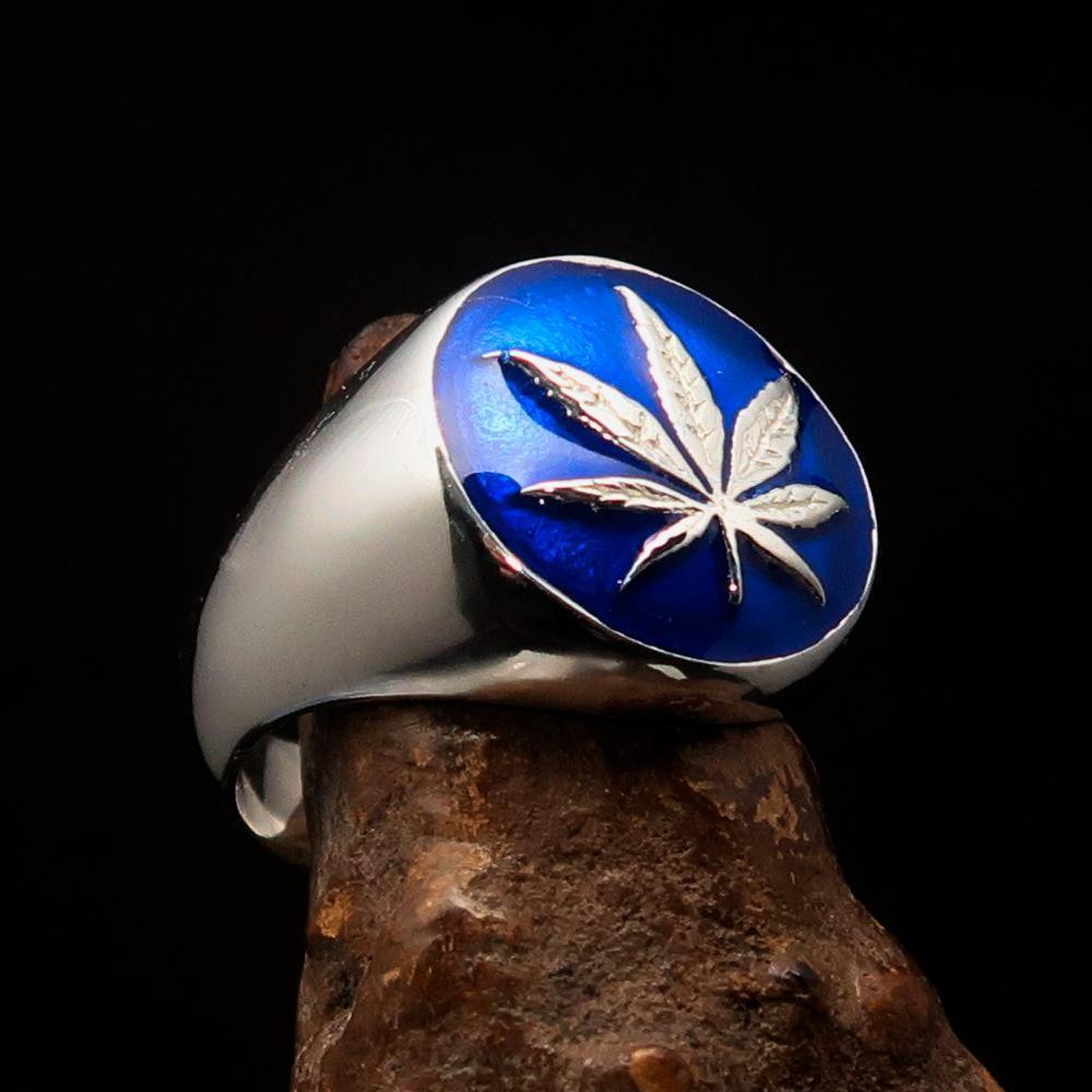 Sterling Silver Men's Ring blue Marihuana Cannabis Leaf