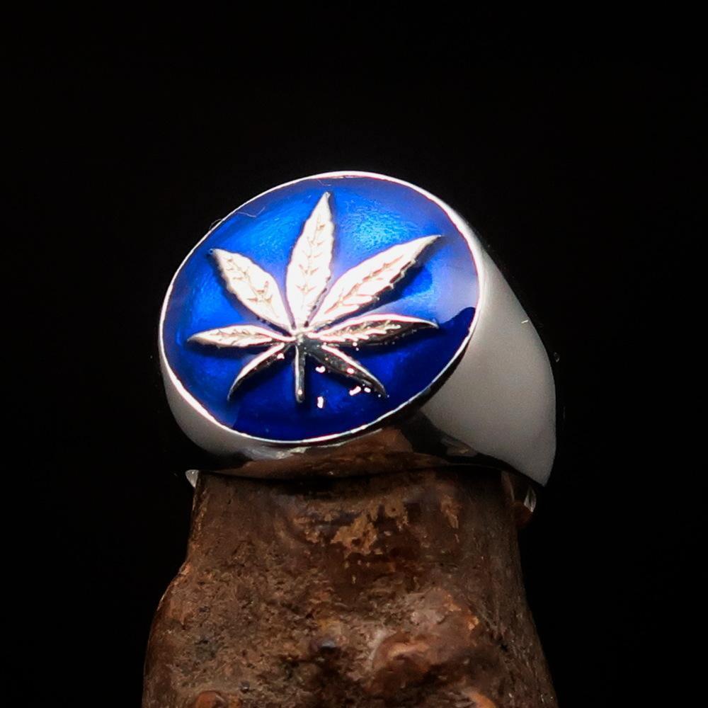 Sterling Silver Men's Ring blue Marihuana Cannabis Leaf