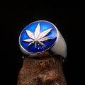 Sterling Silver Men's Ring blue Marihuana Cannabis Leaf
