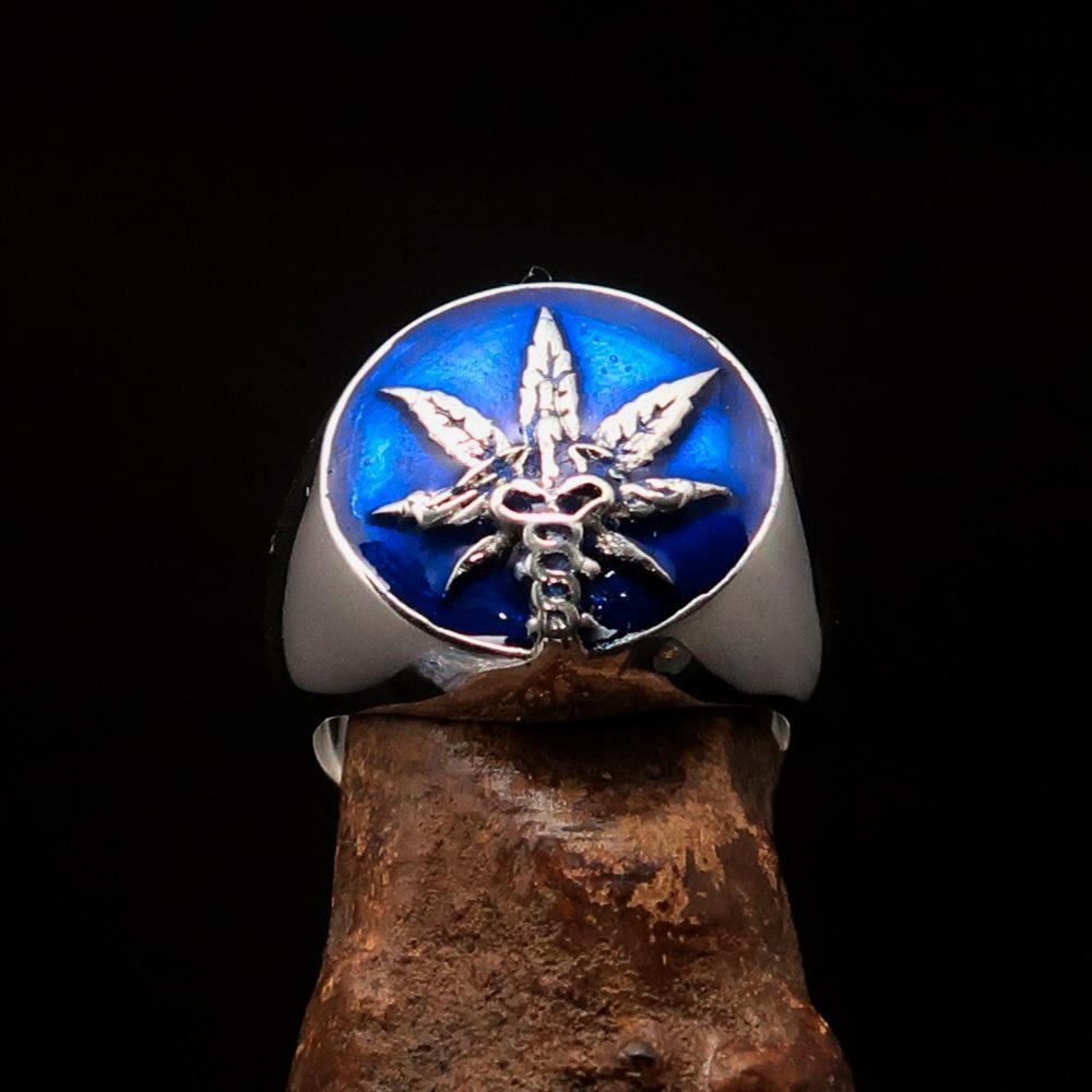 Men's Ring Cannabis Leaf Marihuana Medical Weed Symbol Blue - Sterling Silver