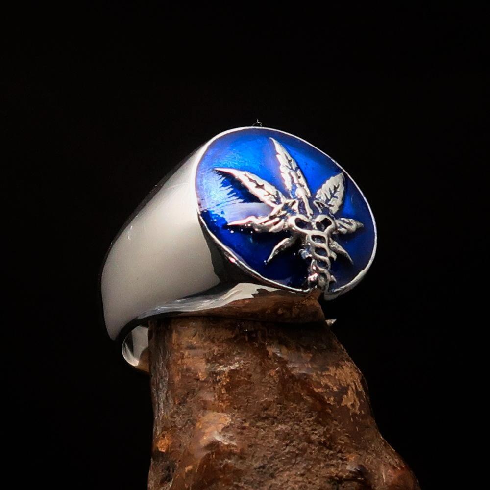 Men's Ring Cannabis Leaf Marihuana Medical Weed Symbol Blue - Sterling Silver