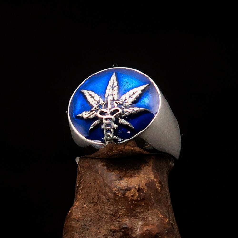 Men's Ring Cannabis Leaf Marihuana Medical Weed Symbol Blue - Sterling Silver
