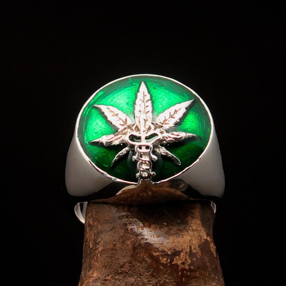 Men's Ring Cannabis Leaf Marihuana green Medical Weed Symbol - Sterling Silver