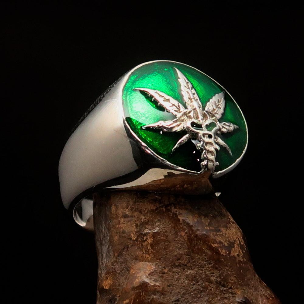 Men's Ring Cannabis Leaf Marihuana green Medical Weed Symbol - Sterling Silver