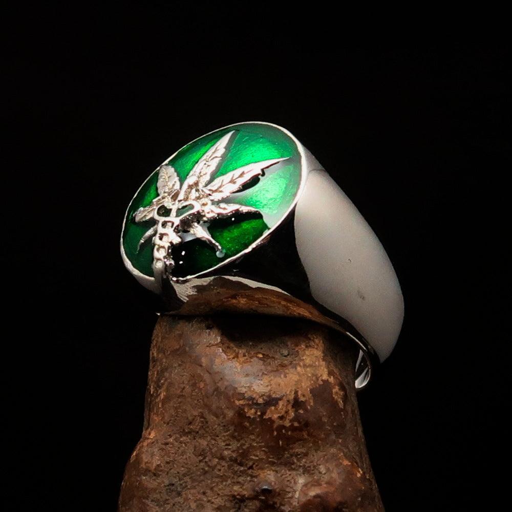 Men's Ring Cannabis Leaf Marihuana green Medical Weed Symbol - Sterling Silver