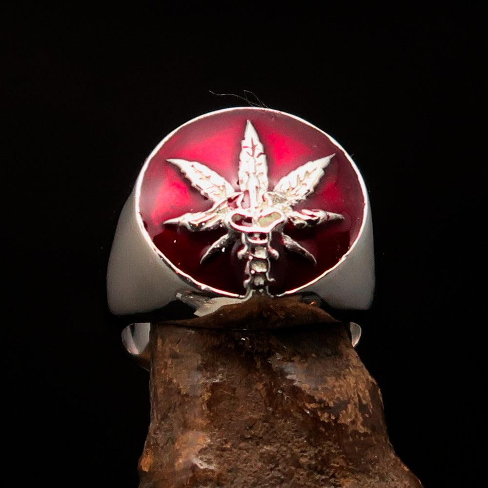 Men's Ring Cannabis Leaf Marihuana red Medical Weed Symbol - Sterling Silver