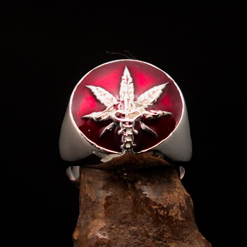 Men's Ring Cannabis Leaf Marihuana red Medical Weed Symbol - Sterling Silver