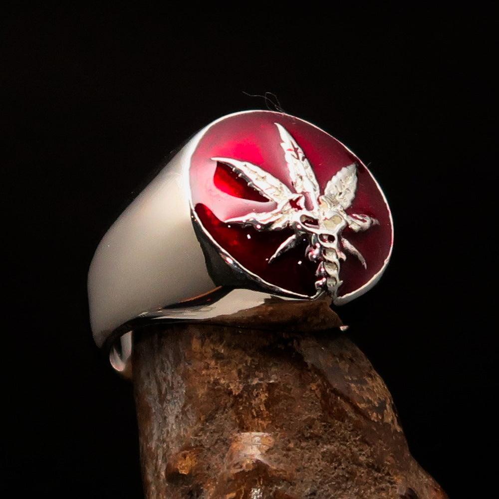 Men's Ring Cannabis Leaf Marihuana red Medical Weed Symbol - Sterling Silver