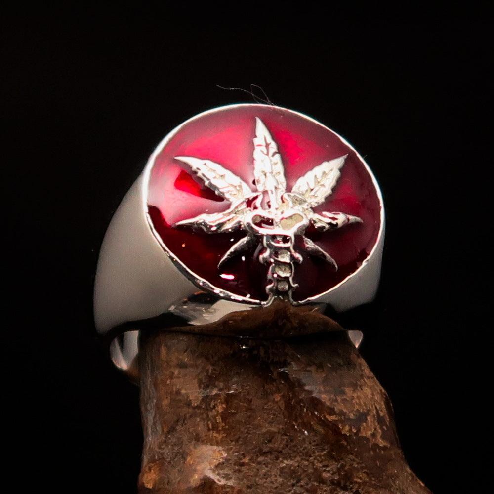 Men's Ring Cannabis Leaf Marihuana red Medical Weed Symbol - Sterling Silver