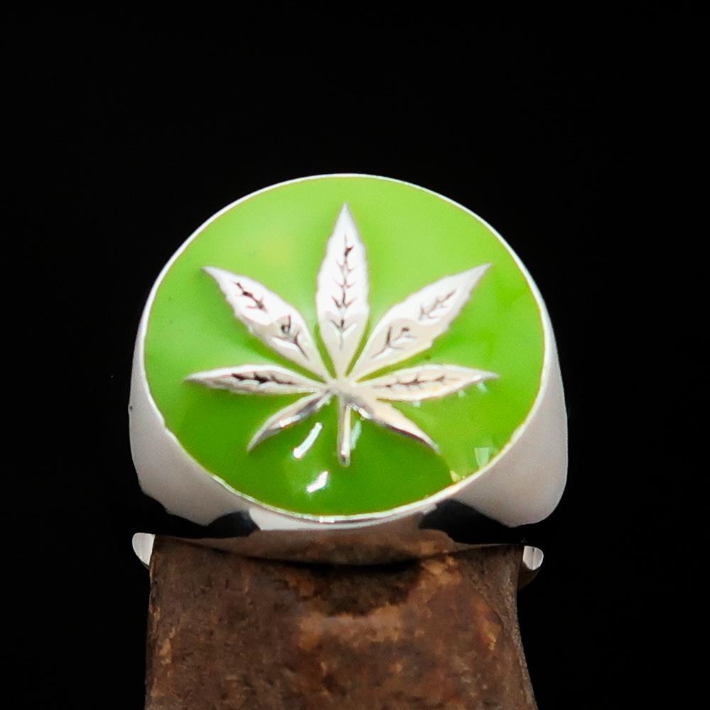 Sterling Silver Men's Ring Marihuana Cannabis Leaf in Green