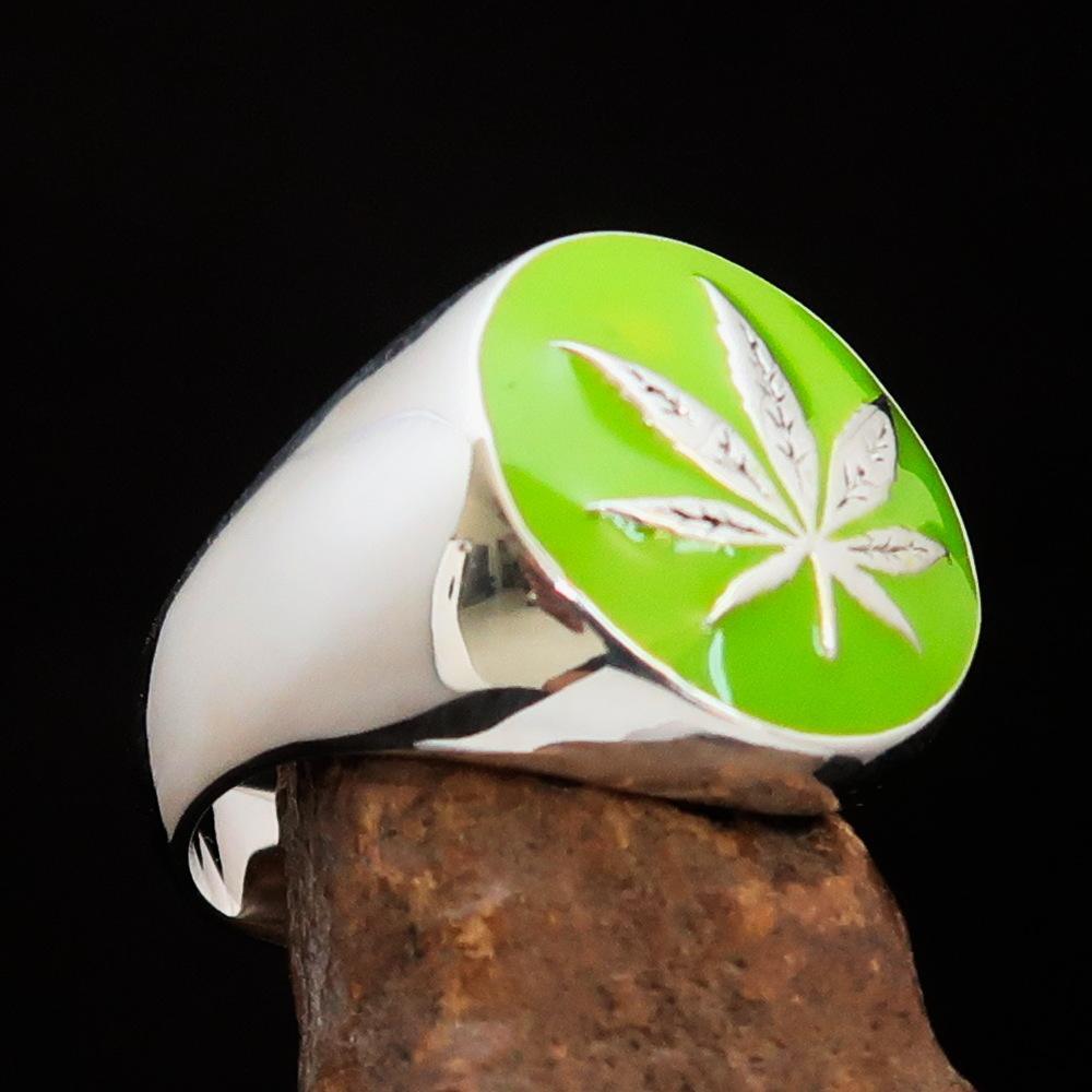 Sterling Silver Men's Ring Marihuana Cannabis Leaf in Green
