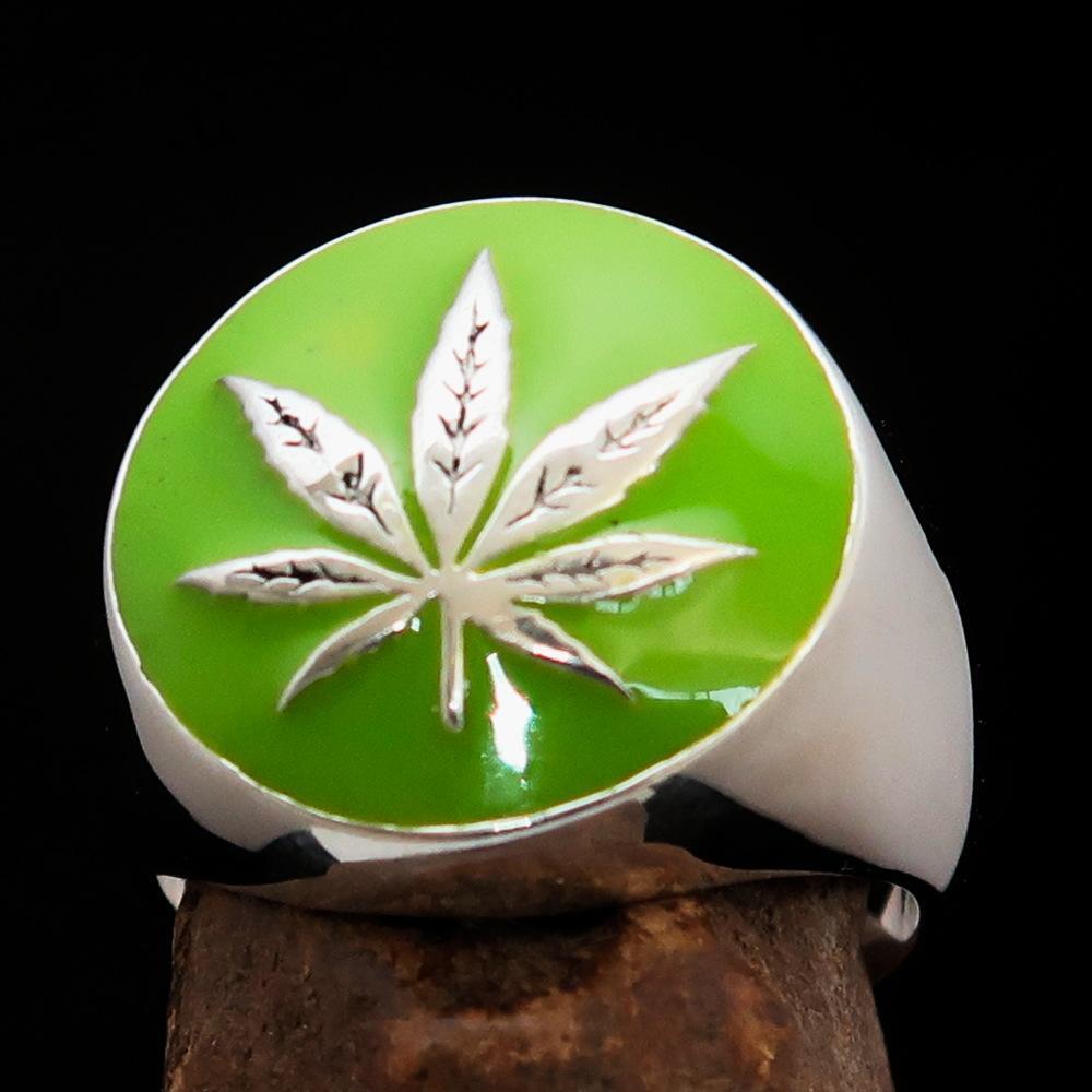Sterling Silver Men's Ring Marihuana Cannabis Leaf in Green