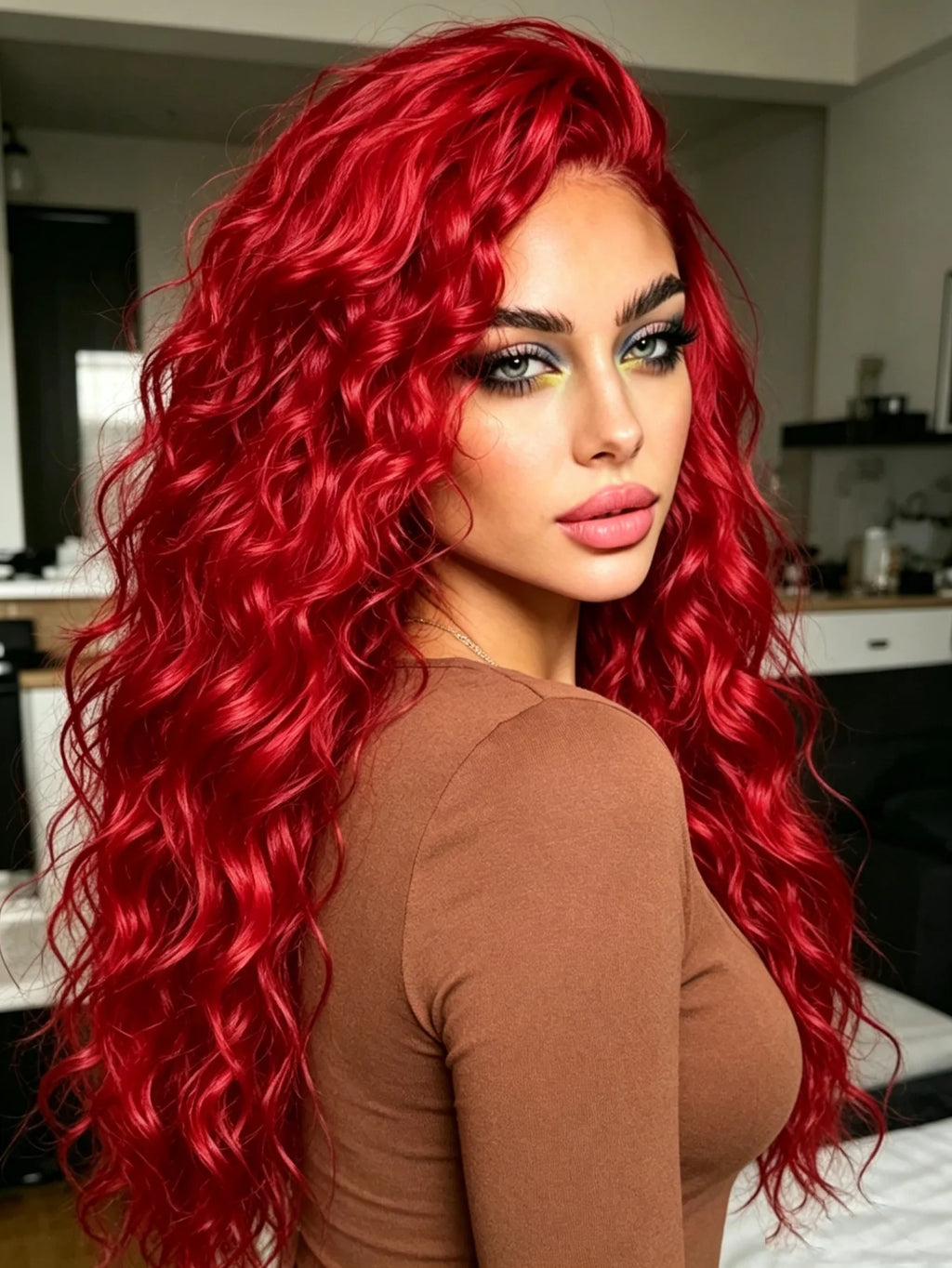 Red Deep Wave Lace Front Wigs Human Hair 13x4 HD Full Lace Frontal Wigs Pre Plucked Bleached Knots 200% Density Deep Curly Human Hair Wig For Daily Holiday Travel Wear Beginner Friendly Soft and Health For Cosplay Party Gifts