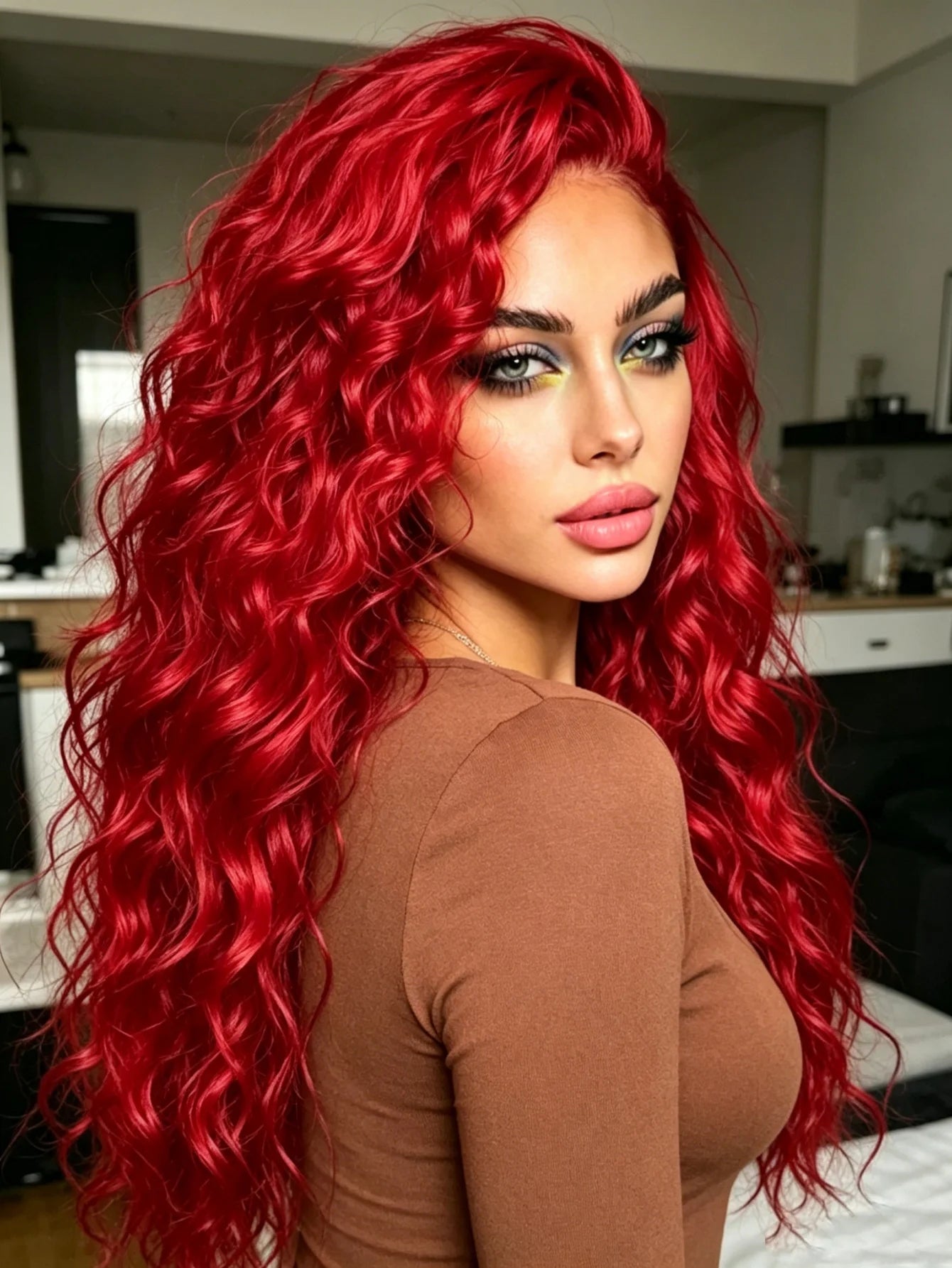 Red Deep Wave Lace Front Wigs Human Hair 13x4 HD Full Lace Frontal Wigs Pre Plucked Bleached Knots 200% Density Deep Curly Human Hair Wig For Daily Holiday Travel Wear Beginner Friendly Soft and Health For Cosplay Party Gifts