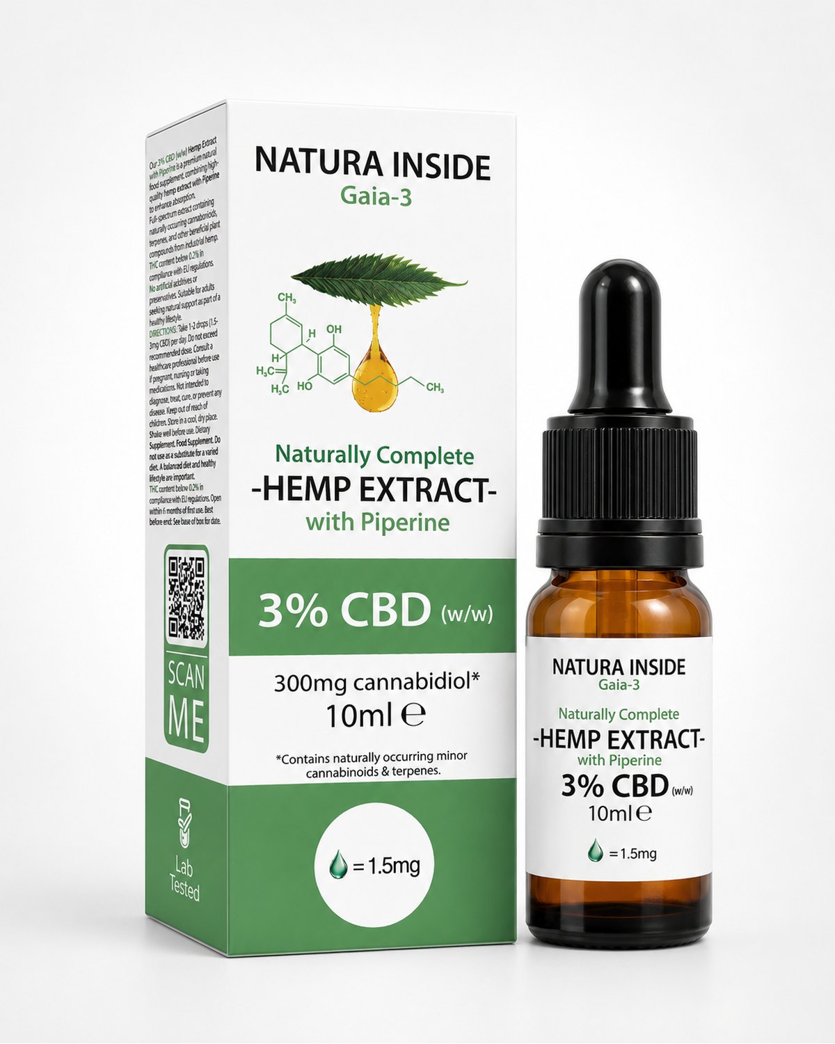 Natura Inside Full Spectrum Cannabis Oil – 3% CBD with Piperine, Gaia Series, 10ml